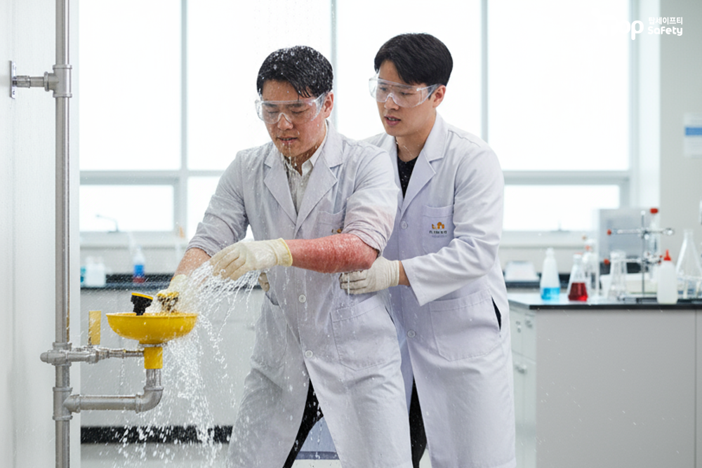 대학교 화학실험실에서 수산화나트륨 노출 후 8초 내 비상샤워·눈세척 도달, 15분 세척으로 피해 최소화